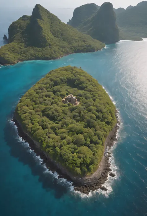 masutepiece、(((uninhabited island))、(The island is dotted with destroyed former settlements like ancient ruins intertwined with vines)、((An isolated island in the sea))、(Aerial view of the entire island)):1.9、Dramatic Writing、concept-art、Highly detailed ba...