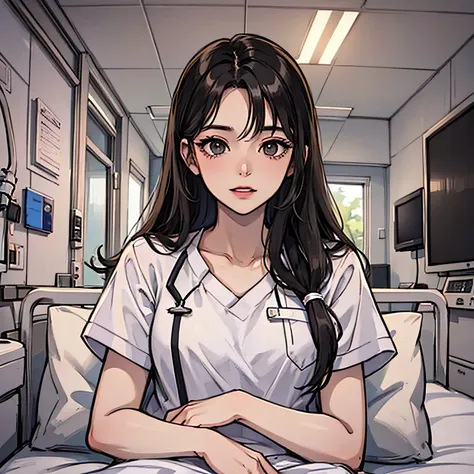 A woman with long black hair，Wear a hospital gown，Lying on a hospital bed，，，Background with：hospitals