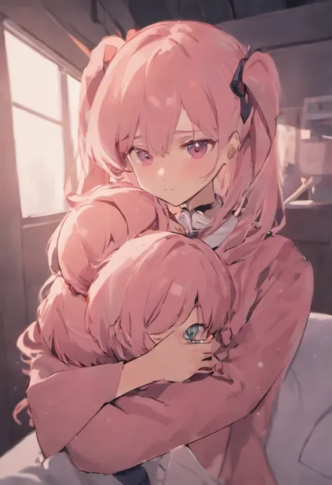 Satoru Gojo holding Zero Two in his arms. attire is casual. setting is on a bed