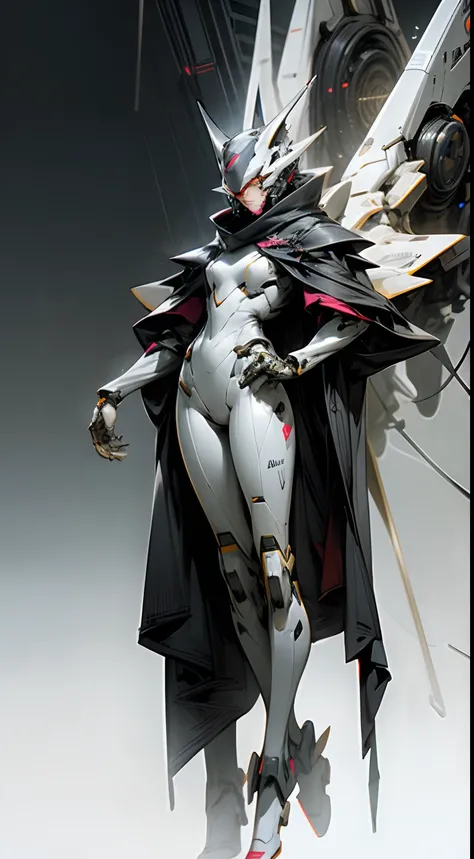 full body shot, hyper realistic, white celestial catwoman mecha bot, wearing minimalist angular mecha gundam mask, wearing cybernetic techwear cloak, sleek design, dark fantasy, futuristic environment, --niji 5