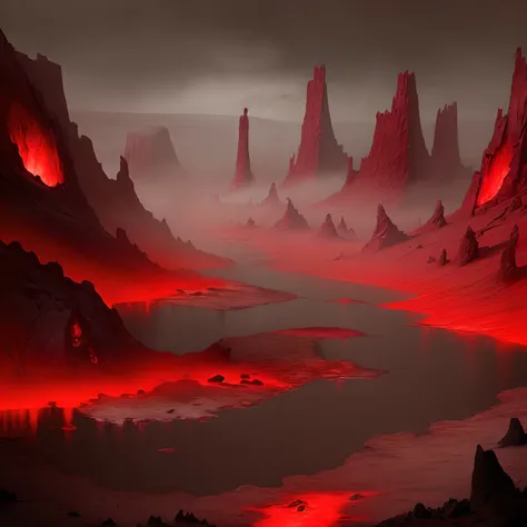 Blood red, dark gloomy barren landscape, skeletons, lava rivers, fissures, earth cracked, mist, fog, smog