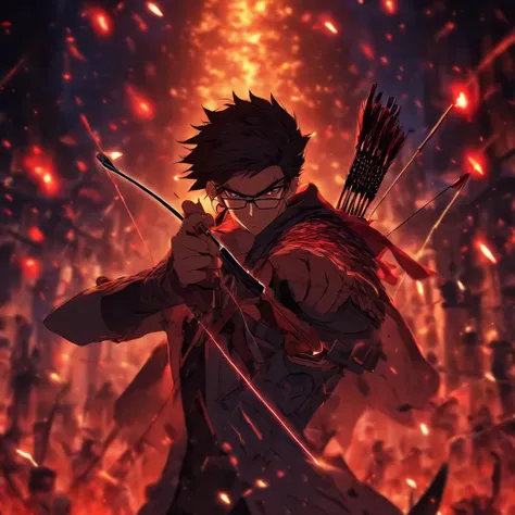 a male agent with a bow and arrow, he has eyeglasses and the lenses are about to break, standing alone after killing enemies in his perimeter, the scene is full of blood and dead enemies that he killed