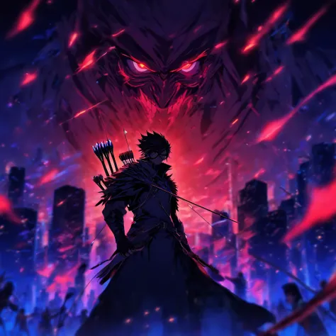 a male agent with a bow and arrow, he has eyeglasses and the lenses are about to break, standing alone after killing enemies in his perimeter, the scene is full of blood and dead enemies that he killed