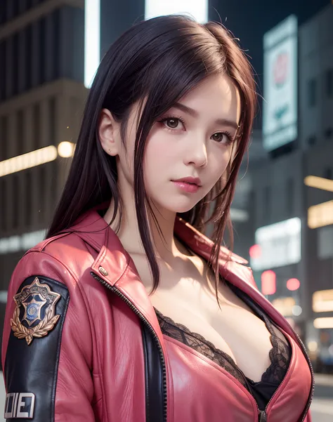 Portrait of Embhuhaiz, Beautiful face, in cyberpunk city at night. Wearing a pink leather open jacket,lingerie, Dramatic Lighting, (police badge:1.2).Sexy female policeman