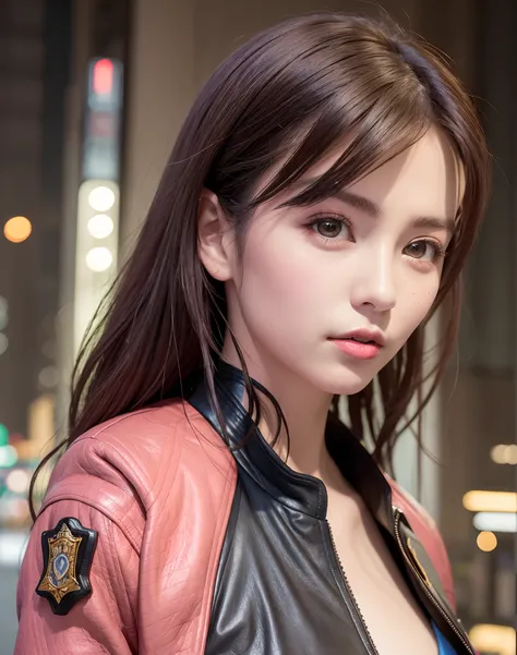 Portrait of Embhuhaiz, Beautiful face, in cyberpunk city at night. Wearing a pink leather open jacket,lingerie, Dramatic Lighting, (police badge:1.2).Sexy female policeman