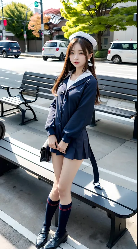 mix4, (16 K, Raw photography, Top image quality, ​masterpiece: 1.45), (realisitic, Photorealsitic: 1.37), one girls, 7．5, etc、Standing figure，cute little, A city scape,, profetional lighting, photon maping, Cityscape with street trees, physically-based ren...