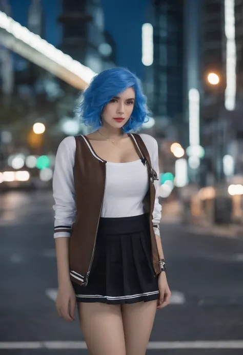 1girl, black_skirt, blue_hair, building, city, cityscape, hair_between_eyes, jacket, looking_at_viewer, medium_hair, multicolored_hair, multiple_boys, night, off_shoulder, outdoors, pleated_skirt, road, shirt, skirt, skyscraper, smile, solo_focus, street, ...