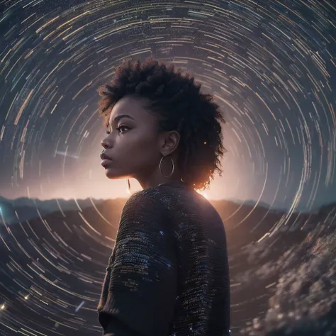 ((Best Quality, 8K, Masterpiece: 1.3)), landscape, morning shoot, star trail, slow speed, standing young african woman with black hair, black jeans, look at the stars, amazing scenery, hundreds of stars forming a circle, light waves, futures city, magic in...