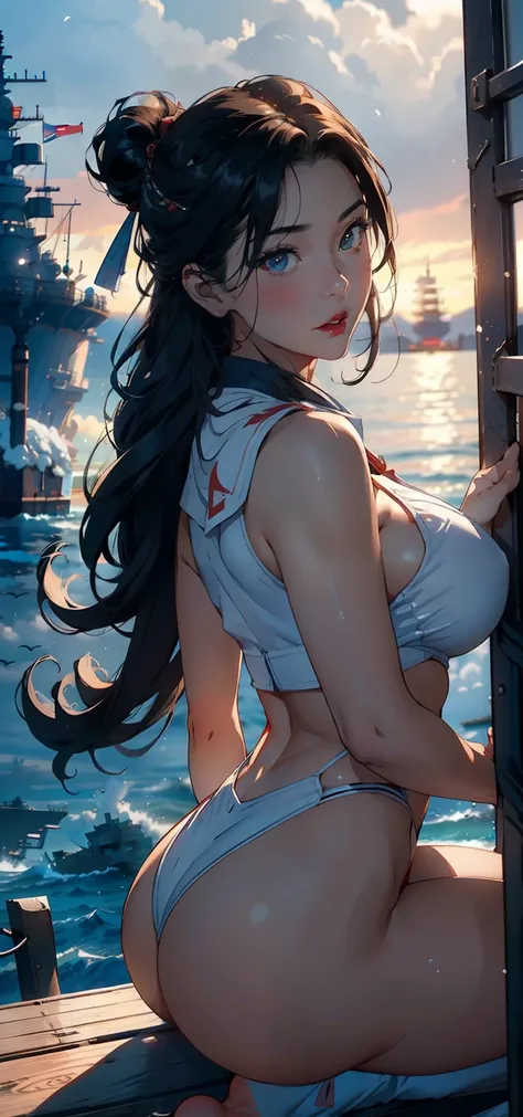 1female，43 yeas old，A MILF，熟妇，plumw，huge-breasted，Big breasts Thin waist，long leges， 独奏，（Background with：the sea，battleships，warships，at winter season，Blizzarding，Ship formation） She has very short black hair，bobo head，Stand on a warship，，seen from the fro...