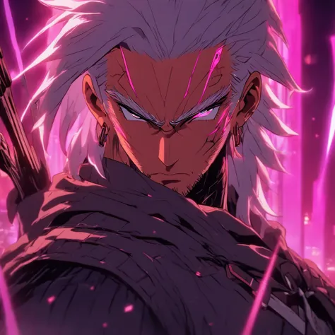 a grey haired male agent with a scar in his left eye, wearing sunglasses, standing alone after killing everyone in his vicinity with a bow and arrow, holding bow and arrow aiming down, pink lighting, close up angle, cyberpunk anime artstyle