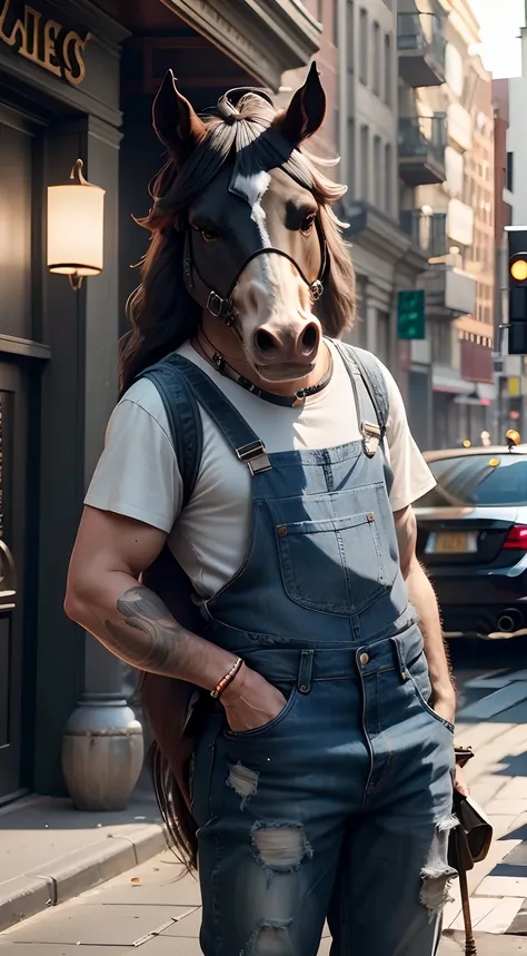 A cute anthropomorphic horse，(There are horse heads:1.2)，(The face is a horse face)，Wearing a vest，Suspender jeans，White sneakers，baseball cap，Wearing sunglasses，City streets，（depth of fields），（Movie lighting），（light and shadow effect），（Unreal 5），（tmasterp...