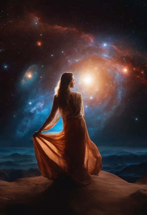 Mystical woman in the middle of the universe Astral body, deep meditation, Etéric atmosphere, Aurico