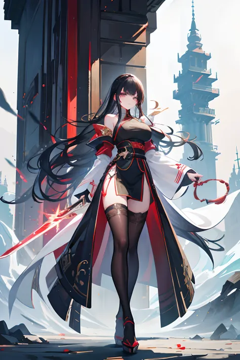 in front of a huge chinese loft，image of a female swordsman holding a sword and a large number of swords，seductiveexpression,fit...