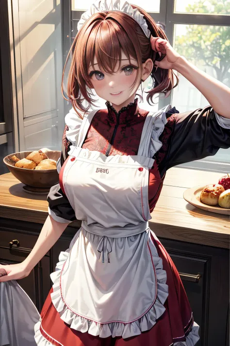 １People Girls、(The 8k quality、Real masterpieces)、(beautiful a girl)、(short hair of red-brown color、hair pin、poneyTail、Floating hair、)barechested、(((Large size white lace apron on bare skin,、)))、Blush with embarrassment、Enraptured eyes、A smile that beguiles...