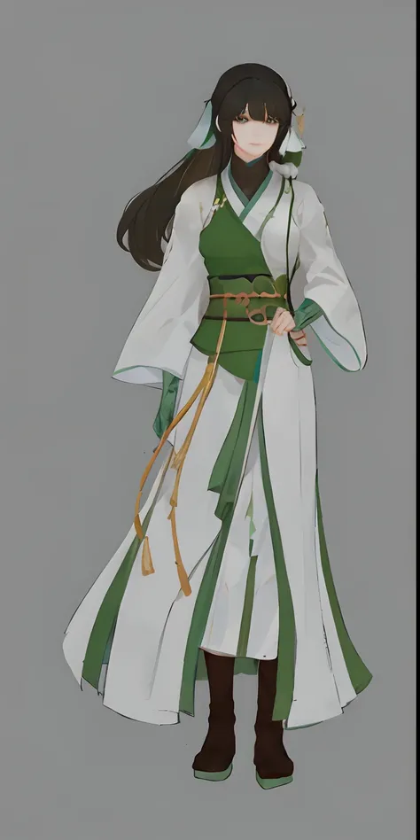 a cartoon of a woman in a white and green outfit, flowing hair and long robes, full body xianxia, inspired by Qiu Ying, inspired by Ju Lian, inspired by Lan Ying, inspired by Lü Ji, inspired by Li Mei-shu, inspired by Li Tang, inspired by Zhou Fang, inspir...