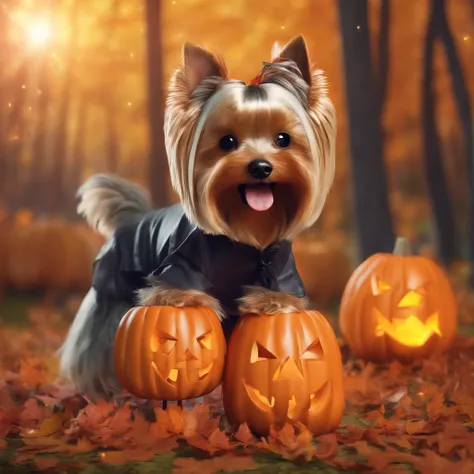 Cute long-haired Yorkshire terrier is happily playing in Halloween costume in the forest。Soft light shines in the autumn forest。