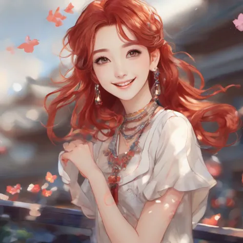 (Masterpiece, Best quality), 1girll, 鎖骨, Wavy hair, view the viewer, blurryforeground, Upper body, necklace, Contemporary, Plain trousers, ((Intricate, print, Pattern)), pony tails, freckle, Red hair, Dappled sunlight, Smile, cheerfulness,