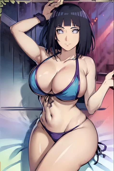 (WALLPAPER, epic style, ((scene inside photo frame, framed photo, photograph)),  (hinata(boruto), (((conservative bikini))), masterpiece, 4k, vector coloring, whole body shot, (high color saturation), contrast lighting, mature female, (curvy:0.8), solo, an...