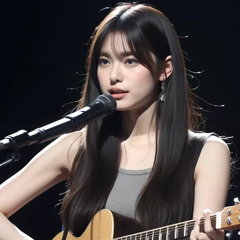 The image is one woman with long black hair, Wearing a gray tank top, And on the guitar. Her eyes are looking up and to the left. The background is on the stage of a live house、
His woman in the image looks professional and serious. Her long hair is styled...