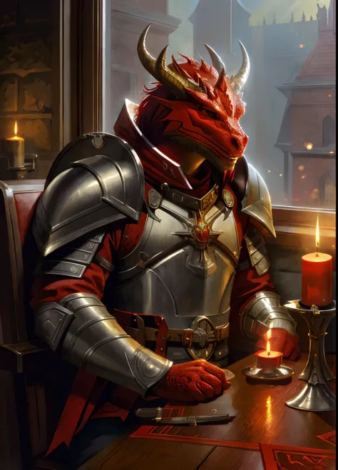 red dragonborn, solo, male, holding, sitting, arma, male focus, horns, artist name, indoors, armor, window, colored skin, chair,...