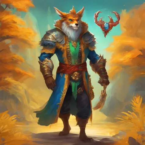 Werewolf, blue pirate outfit, crab-like beard, weird green eyes, yellow fur and red crab-like armor, Masterpiece, Best Quality