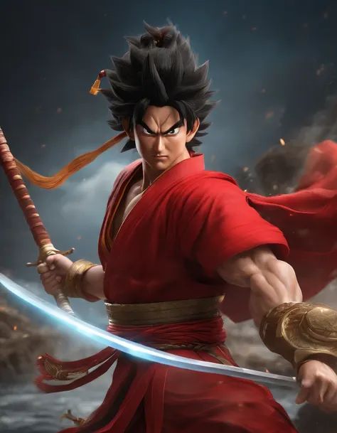 Goku as Chinese warrior in red robe, Dynasty warrior style, Delicate and gorgeous CGI anime style, Luffy, 8K highly detailed digital effect fantasy, cgsociety 9, epic digital art illustration, and Mumford and Alex Gray style, Bio-luminescence