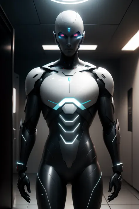 Dramatic, Ultra realistic translucent android without eyes, sem nariz, sem boca, e suave, Futuristic Design,  com uma figura Masculina, muscoloso, feito de metal, Linhas brilhantes em seu corpo,  suave e futurista, sem olhos, sem nariz, sem boca, elegante ...