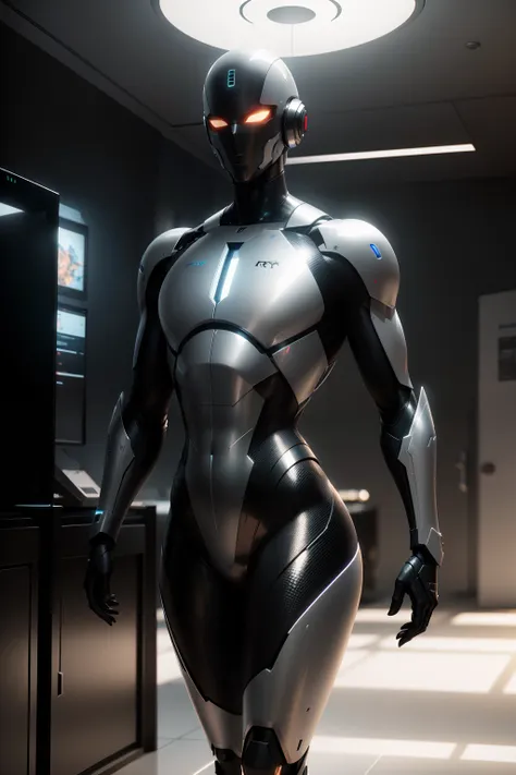 Dramatic, Ultra realistic translucent android without eyes, sem nariz, sem boca, e suave, Futuristic Design,  com uma figura Masculina, muscoloso, feito de metal, Linhas brilhantes em seu corpo,  suave e futurista, sem olhos, sem nariz, sem boca, elegante ...