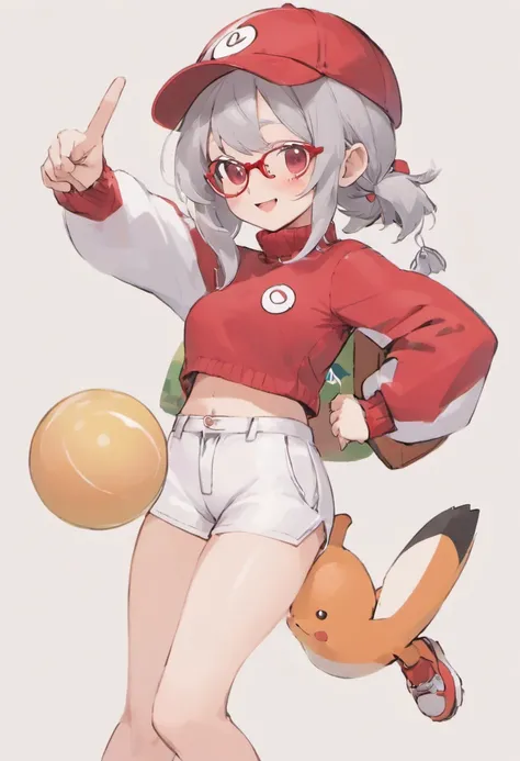 Grinning face,Baseball Cap,Red Baseball Cap,Left hand on hip, right hand extended forward and fingers pointing,white short pants,deph of field,tussock,Turtleneck knitwear,Red glasses,Hi-Res, 1womanl,Pose with your right arm stretched forward, 独奏,Holding a ...