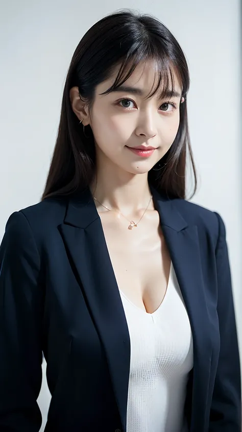 (top-quality、8K、32K、​masterpiece、nffsw:1.2)、Photos of pretty Japan women、(A detailed face:1.1)、Simple dark blue suit、(Look at viewers:1.1)、large full breasts、The upper part of the body、a necklace、White shirt with collar、skirt by the、a smile