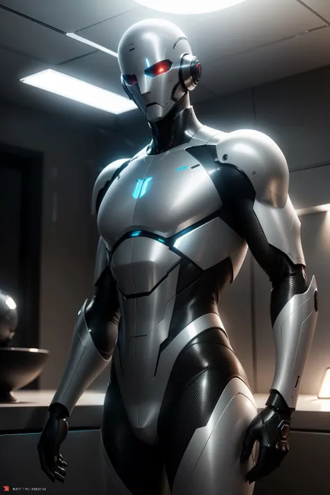 Dramatic, Ultra realistic translucent android without eyes, sem nariz, sem boca, e suave, Futuristic Design,  com uma figura Masculina, muscoloso, feito de metal, Linhas brilhantes em seu corpo,  suave e futurista, sem olhos, sem nariz, sem boca, elegante ...