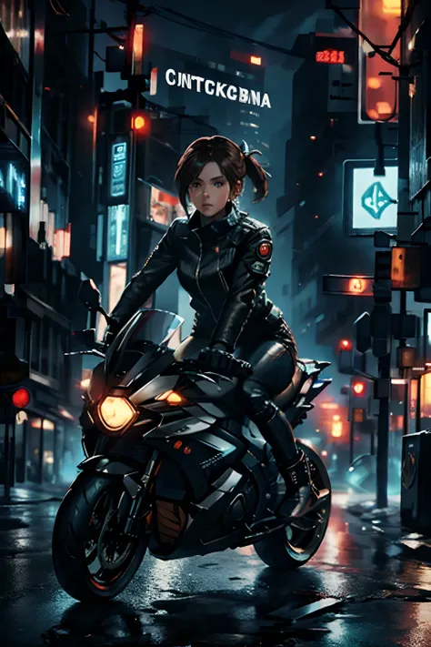 girl riding futuristic motorbike speeding in middle of cyberpunk city