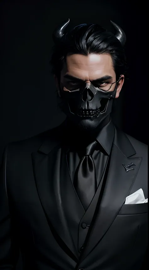 (masterpiece, best quality), (photography, half-body photo), (facing front), Black smoky, shadow background. Demon and skull faced mask, wearing a black suit. Black everything.