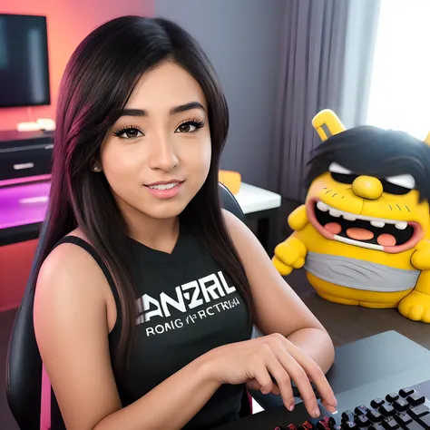 latin girl twitchstreamer, typing on keyboard 1niña, americano, usar auriculares, usando gargantilla, escote, tight bart simpson...