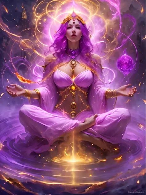 Immortal goddess, super beautiful, 8k, super big breasts, meditating, light white cloth covering part of her body, sitting cross-legged, golden glowing magic circle rotating behind her, magical magenta aura surrounding her parts, magical magenta flame, fan...