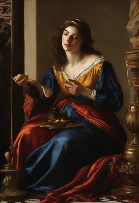 Illustrate artemisia gentileschi and draw her in a tarot  card game. Make sure she looks like artist but a goddess that is well respected.