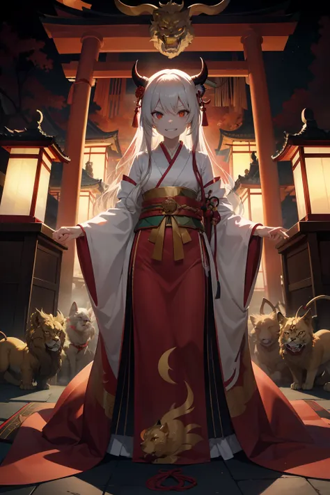 I would like an illustration depicting a shrine maiden facing off against four menacing monsters. The shrine maiden should be dressed in traditional white and red robes, with a sacred rope (shimenawa) and paper streamers (shide) adorning the shrines entran...