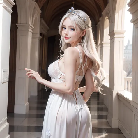 White goddess blue eyes in human shape、beautiful body of a flower of a very attractive age with white underhair,,,,Wearing a white dress,Smiling inside a magnificent palace made of white stone,Looking back in the hallway,