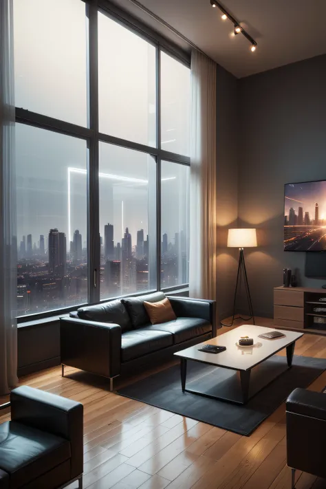 High resolution concept art for apartment living room，Overlooking the large futuristic city，Floor to ceiling windows and medieval modern furniture cinematic lighting