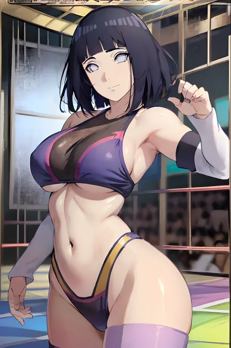 (WALLPAPER, epic style, ((wrestling stage)),  (hinata(boruto), (((conservative bikini, ((champion))))), masterpiece, 4k, vector coloring, whole body shot, (high color saturation), contrast lighting, mature female, (curvy:0.8), solo, anime style, sharp focu...