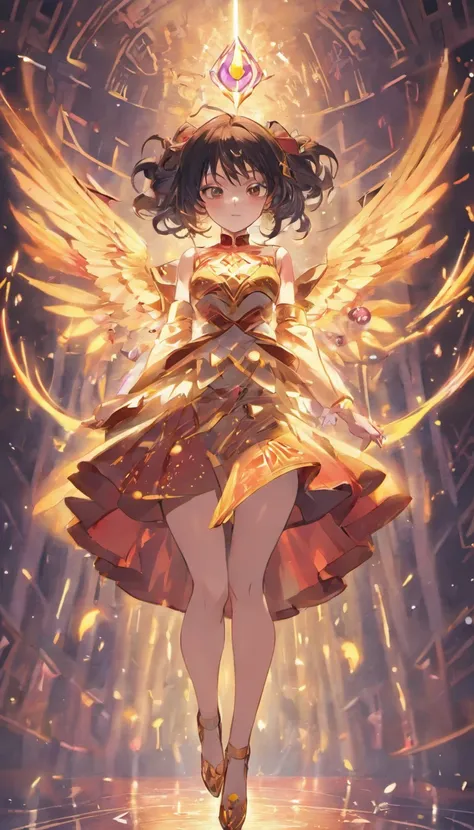 ((tmasterpiece，4k wallpaper，best qualtiy)), One Anime girls, magical little girl、Legendary Dresses, Black hair, Long hair, Busty body, Smooth thighs, full-body view, Seduction expression、Spell casting