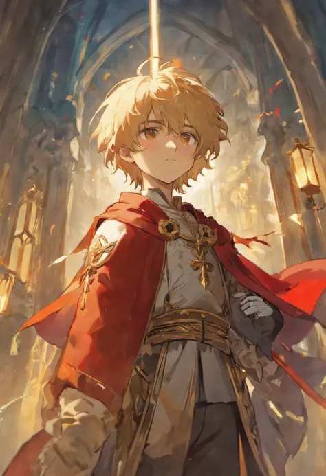 Mucha, front, portrait, boy with blond medium long hair, outdoors, backlight, soft light, medieval, France, holding red flag, looking up, red, blue, white, trousers