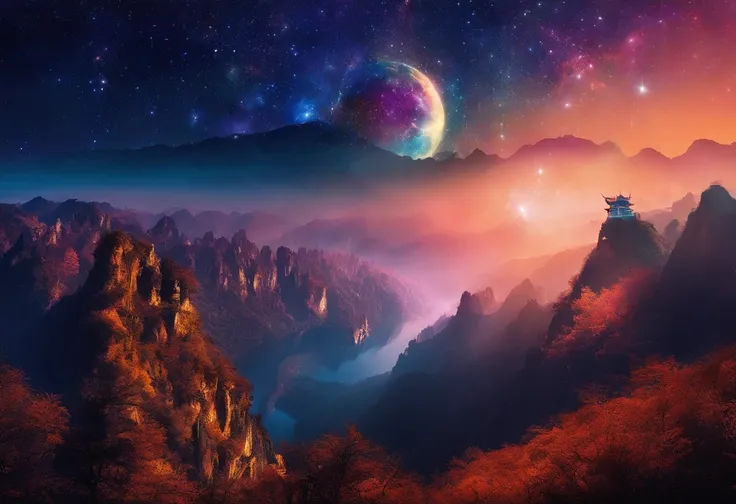 （Tang Feng），（A cliff illuminated by a huge moon），Dark blue fluorescence，（Taolin），（mirror lake），Ultra-long-range viewing angle，Late night background，Quiet