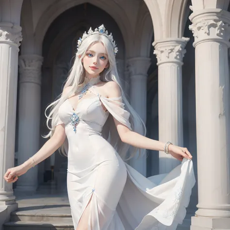 White goddess blue eyes in human shape、beautiful body of a flower of a very attractive age with white underhair,,,,,,Wearing a white dress,Smiling inside a magnificent palace made of white stone,Looking back in the Great Hall,