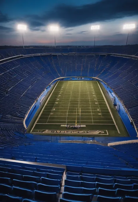 Football stadium with blue bleachers seen from above