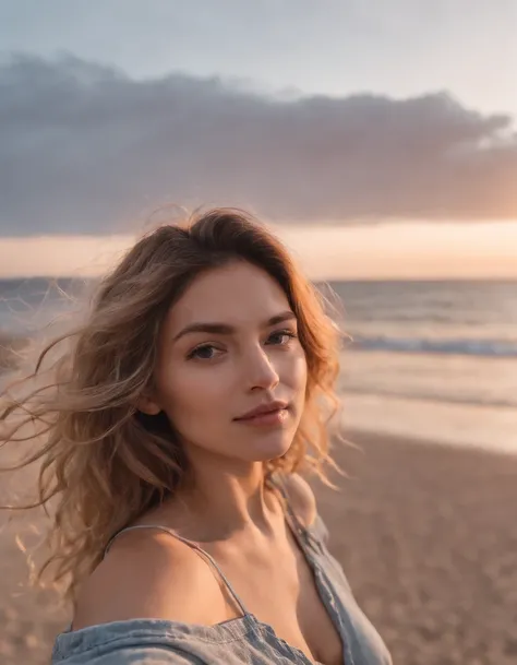 a woman takes a  selfie on a beach at sunset, the wind blowing through her messy hair. The sea stretches out behind her, creating a stunning aesthetic and atmosphere ，35 mm lens, accent lighting, global illumination