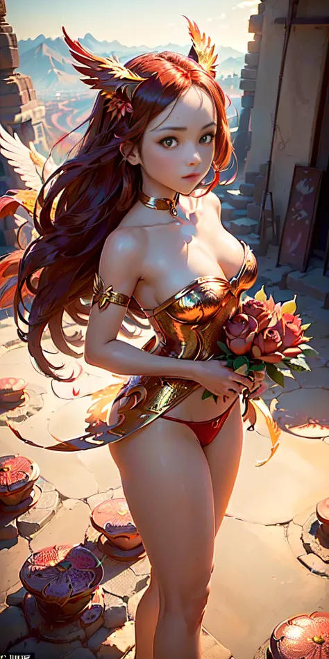 (((Masterpiece, Best quality: 1.2), A girl with phoenix wings standing in a ring of fire, Beautiful and symmetrical face, with bright red eyes, phoenix, Lotus flowers, red rose gold, golden mini underwear, Dawn from the mountain to the background, old porc...