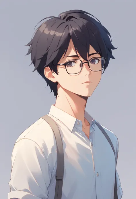 Man with black hair, wears glasses, ,Single， CharacterDesignSheet, diferentes poses, Different angles, in a white shirt，CharacterDesignSheet, diferentes poses, Different angles, Full body figures，with a simple background