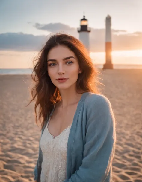 a woman takes a  selfie on a beach at sunset, the wind blowing through her messy hair.   The sea stretches out behind her，lighthouse，Coastal , creating a stunning aesthetic and atmosphere ，35 mm lens, accent lighting, global illumination