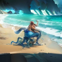 A newt on the edge of the beach, metade homem musculoso, careca, barba ruiva bem aparada, and from the waist down octopus with its large, bright tentacles and strong blue tentacles .